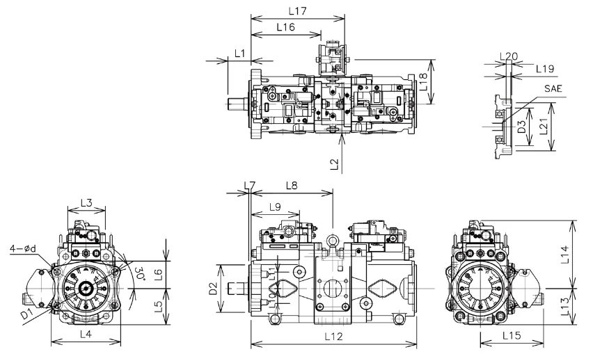 Main pump outline dimensions (K3V / K5V, with PTO)