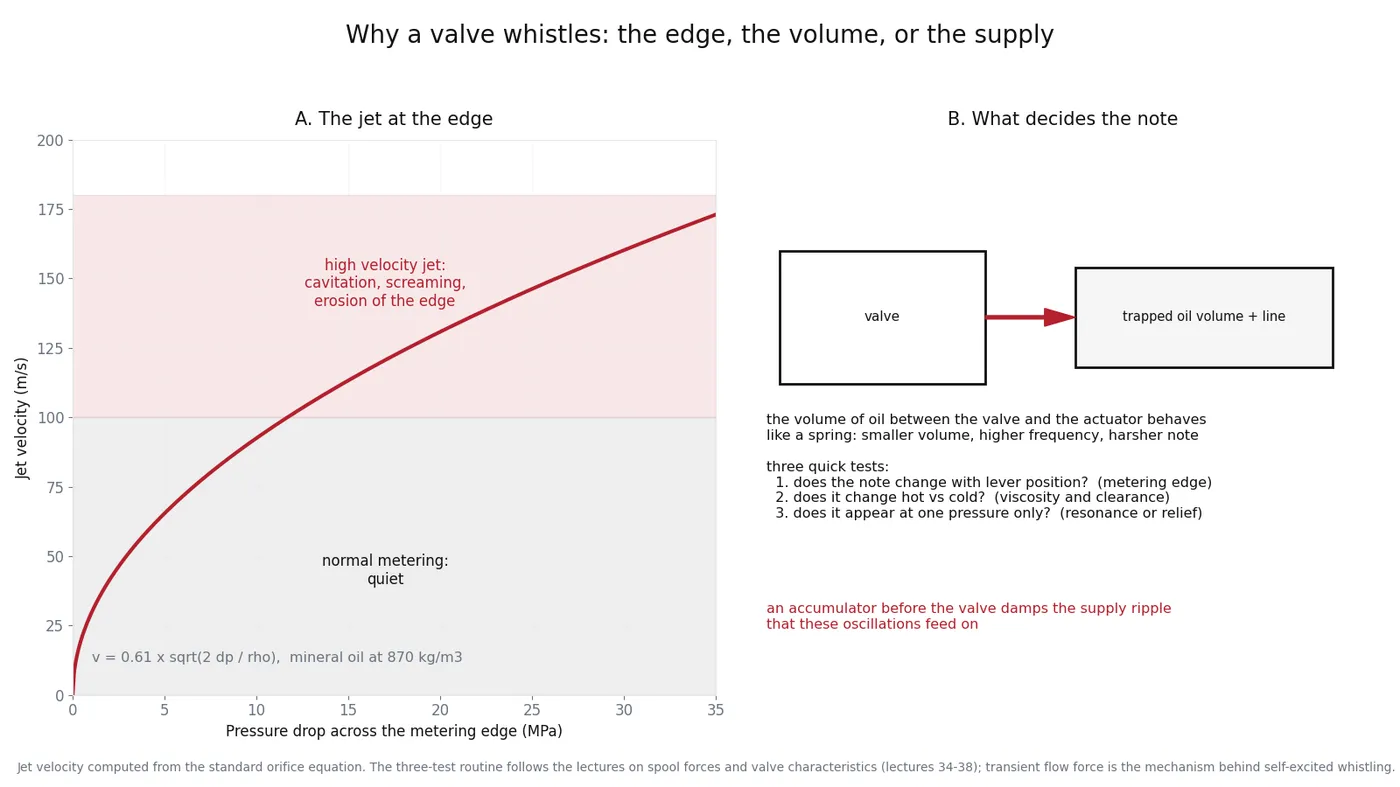 Jet velocity at a metering edge against pressure drop, and a schematic of the valve with trapped oil volume