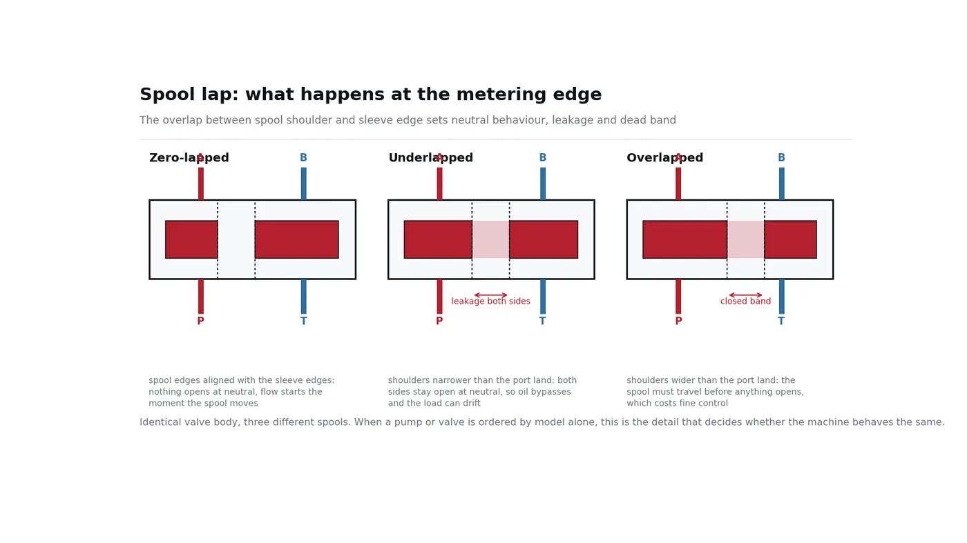Comparison of zero-lapped, underlapped and overlapped spool valve edges