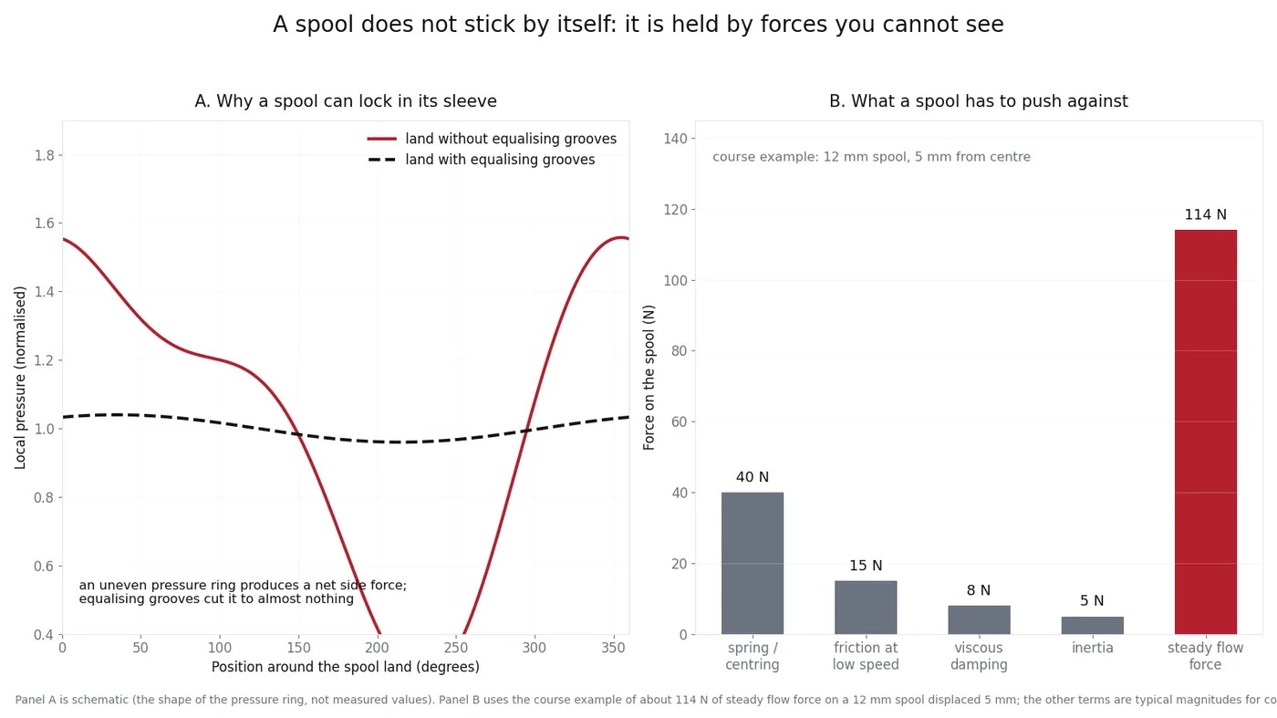 Pressure distribution around a spool land with and without equalising grooves, and a bar chart of the forces acting on a spool