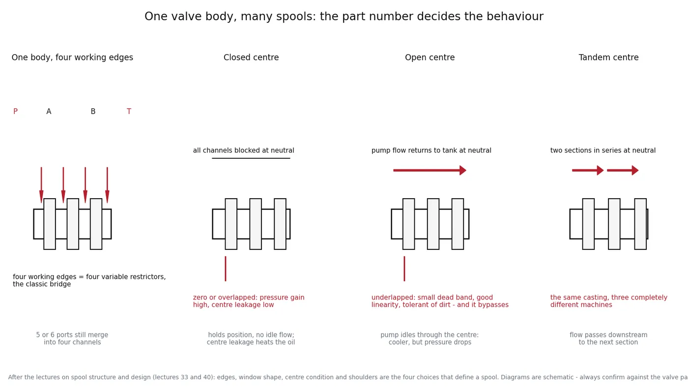 Schematic of one valve body with closed centre, open centre and tandem centre spools