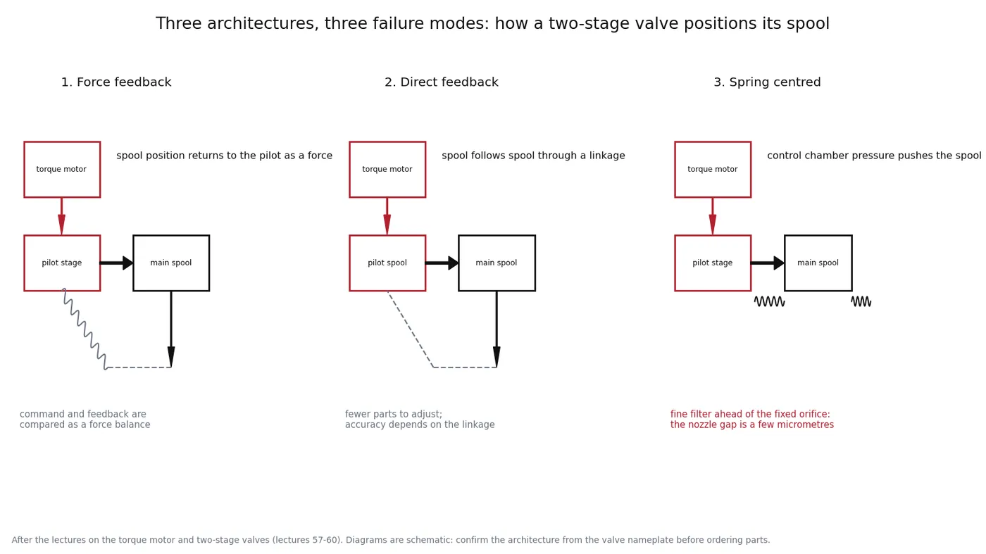 Three panel schematic of two-stage valve architectures: force feedback, direct feedback and spring centred