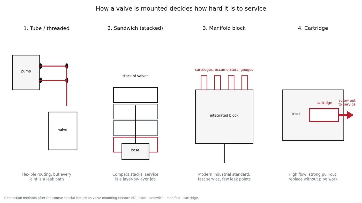 Four panel schematic of hydraulic valve mounting methods: tube, sandwich stack, manifold block and cartridge